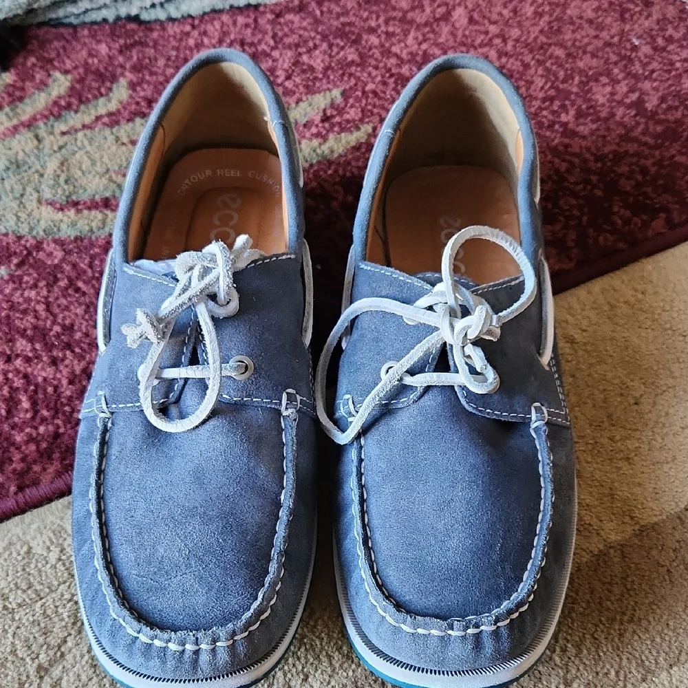 Ecco Blue and White Boat Shoes with Moccasin Design